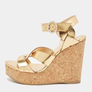Pre Owned Jimmy Choo Metallic Gold Leather Cork Wedge Sandals Size 37