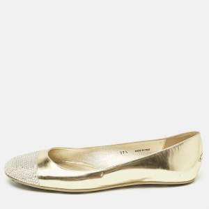 Jimmy Choo Gold Leather Waine Crystal Embellished Cap Toe Ballet Flats Size 39.5