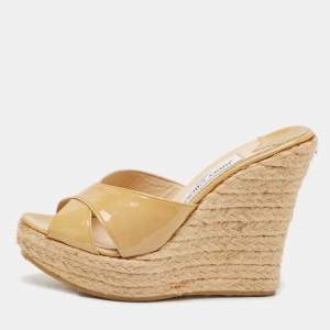Jimmy Choo Beige Patent Leather Phyllis Espadrilles Platform Wedges Sandals Size 37