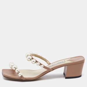 Jimmy Choo Beige Leather Amara Slide Sandals Size 38