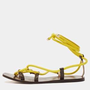 Jimmy Choo Brown/Yellow Rope and Leather Aziza Flat Ankle Wrap Sandals Size 39.5