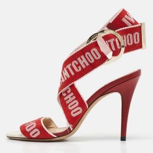 Jimmy Choo Red Canvas Bailey Ankle Wrap Sandals Size 37