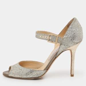 Jimmy Choo Silver Glitter and Lame Fabric Ankle Strap Sandals Size 38