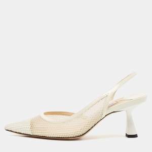 Jimmy Choo White Patent Leather and Mesh Fetto Slingback Pumps Size 35