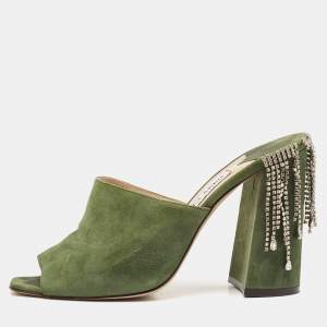 Jimmy Choo Green Suede Crystal Embellished Baia Mules Size 39