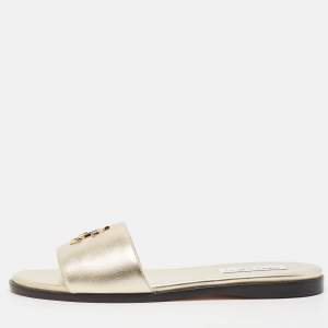 Jimmy Choo Gold Leather JC Flat Slides Size 38.5