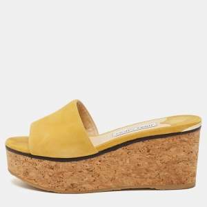 Jimmy Choo Yellow Suede Cork Wedge Platform Slide Sandals Size 37.5