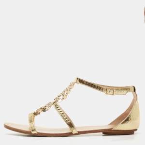 Jimmy Choo Gold Embossed Patent Leather Wyatt Flat Sandals Size 41