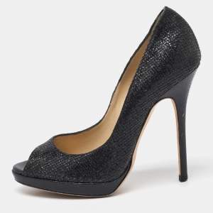 Jimmy Choo Black Glitter Fabric Luna Peep Toe Platform Pumps Size 37