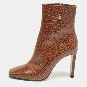 Jimmy Choo Burgundy Croc Embossed Leather Ankle Length Boots Size 40.5