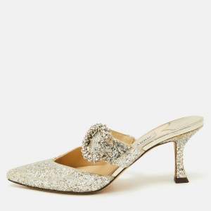 Jimmy Choo Silver Coarse Glitter Crystal Embellished Marta Mules Size 36