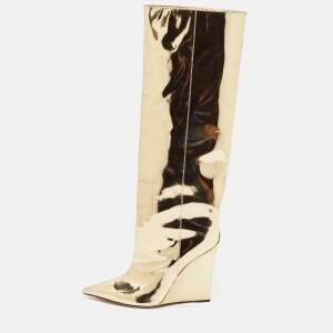 Jimmy Choo Gold Metallic Leather Wedge Knee Length Boots Size 40