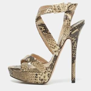 Jimmy Choo Beige/Black Python Embossed Leather Ankle Strap Sandals Size 38.5