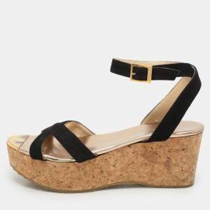 Jimmy Choo Black Suede Cork Wedge Ankle Strap Sandals Size 40