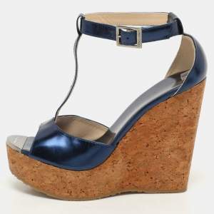 Jimmy Choo Navy Blue Patent Pela Cork Wedge Platform Ankle Strap Sandals Size 37
