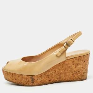 Jimmy Choo Beige Patent Leather Prova Cork Platform Wedge Pumps Size 41