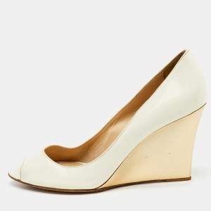 Jimmy Choo Off White Patent Leather Peep Toe Wedge Pumps Size 38.5