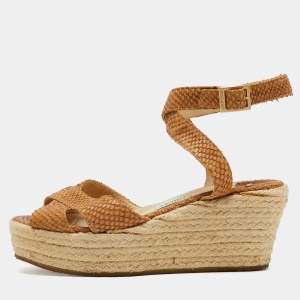 Jimmy Choo Brown Snakeskin Embossed Leather Platform Wedge Espadrille Sandals Size 36.5