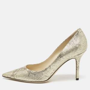 Jimmy Choo Gold Snakeskin Embossed Patent Leather Romy Pumps Size 37.5