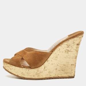 Jimmy Choo Brown Suede  Criss Cross Cork Wedge Slide Sandals Size 36.5