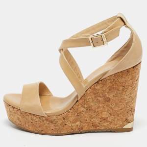 Jimmy Choo Beige Patent Leather Portia Wedge Sandals Size 40.5