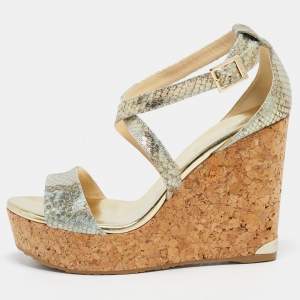 Jimmy Choo Multicolor Python Embossed Leather Lucia Cross Strap Cork Wedge Sandals Size 40