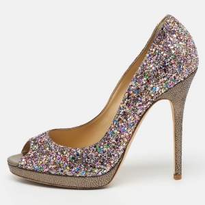 Jimmy Choo Metallic Multicolor Coarse Glitter Crown Peep Toe Platform Pumps Size 40