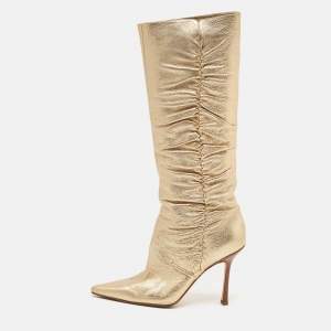 Jimmy Choo Gold Leather Scrunch Knee Length Boots Size 39