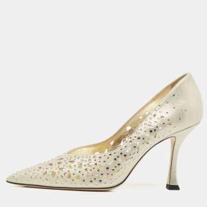 Jimmy Choo Gold Perforated Suede Ziri Pumps Size 38.5