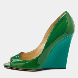 Jimmy Choo Green Patent Leather Peep Toe Wedge Pumps Size 40