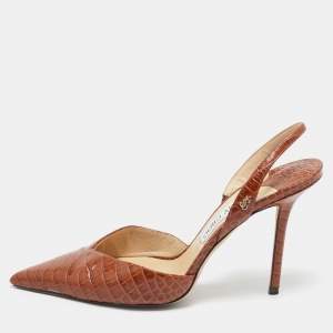Jimmy Choo Brown Croc Embossed Leather Thandi Slingback Pumps Size 40