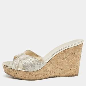 Jimmy Choo Grey Python Embossed Leather Prima Cork Wedge Platform Sandals Size 38