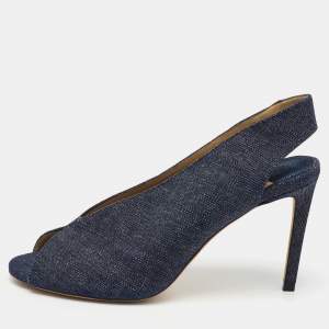 Jimmy Choo Navy Blue Denim Shar Peep Toe Slingback Pumps Size 39