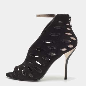 Jimmy Choo Black Leather and Suede Drift Cutout Booties Size 37
