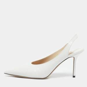 Jimmy Choo White Croc Embossed Leather Pointed Toe Slingback Pumps Size 39.5 