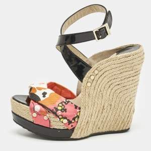 Jimmy Choo Multicolor Canvas and Patent Leather Wedge Sandals Size 38