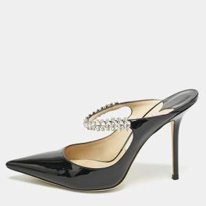 Jimmy Choo Black Patent Leather Bing Crystals Mules Size 41