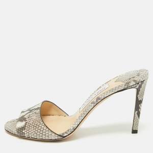 Jimmy Choo Grey/White Python Embossed Leather Stacey Slide Sandals Size 38