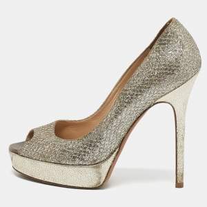 Jimmy Choo Gold/Silver Glitter and Leather Luna Peep Toe Pumps Size 37
