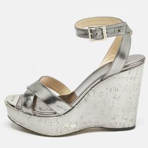 Jimmy Choo Silver Leather Crisscross Strap Wedge Sandals  Size 37.5