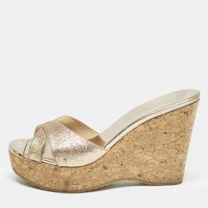 Jimmy Choo Metallic Gold Glitter Prima Cork Platform Wedge Sandals Size 37