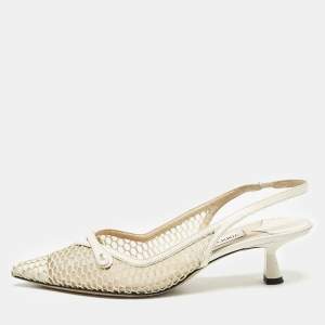 Jimmy Choo Cream Leather and Mesh Fetto Slingback Pumps Size 36