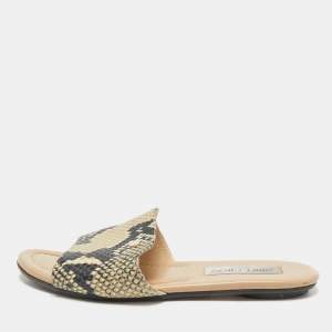 Jimmy Choo Black/Cream Python Embossed Leather Nanda Flat Slide Sandals Size 36.5