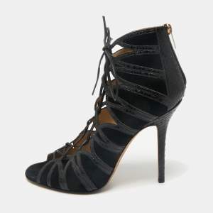 Jimmy Choo Black  Python Leather and Suede Ankle Strap Sandals Size 40.5
