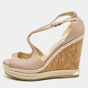 Jimmy Choo Pink  Leather Crisscross Strap Cork Wedge Sandals  Size 37.5