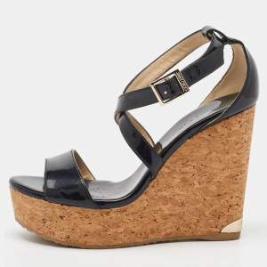 Jimmy Choo Black Patent Leather Portia Cork Platform Wedge Cross Strap Sandals Size 37