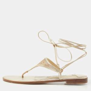 Jimmy Choo Gold Leather Narisa Lace Wrap Thong Flat Sandals Size 37