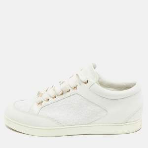 Jimmy Choo White Glitter and Leather Low Top Sneakers Size 40.5
