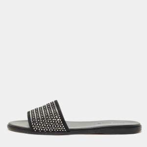 Jimmy Choo Black Leather and Suede Studded Minea Flat Slides Size 41