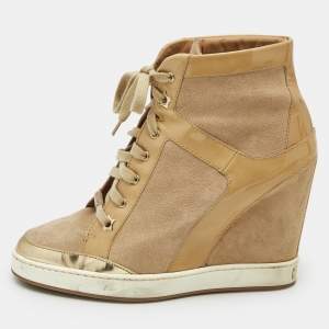Jimmy Choo Beige Suede and Patent Leather Panama Wedge Sneakers Size 39